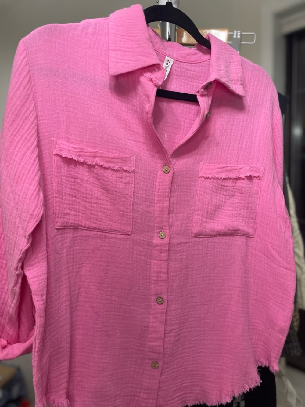 Zenana Pink Gauze Button Down Shirt Frayed Hem Lightweight Oversized Size S